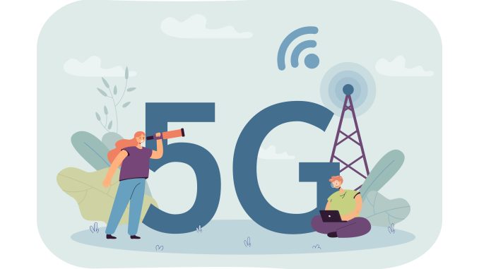 Tiny male and female characters with huge 5G symbol