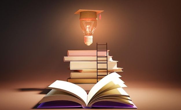 Premium Photo _ Open book with Graduation hat on light bulb Education learning on school and university or idea concept 3d illustration