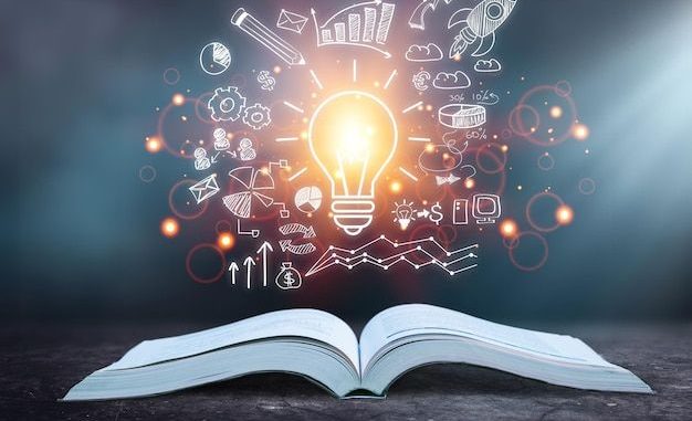 Premium Photo _ Open old book on table with abstract business illustration